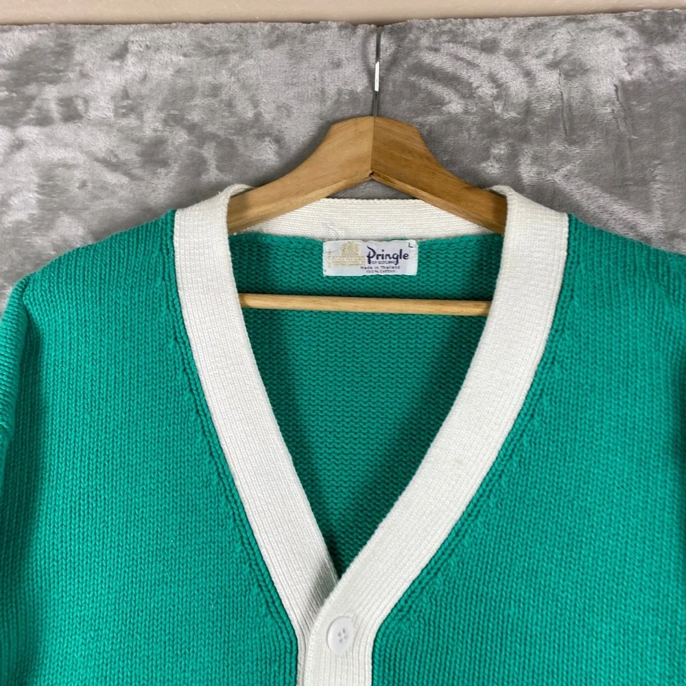 Vintage Pringle Cardigan Sweater Mens L Green Cotton V-Neck Button Front